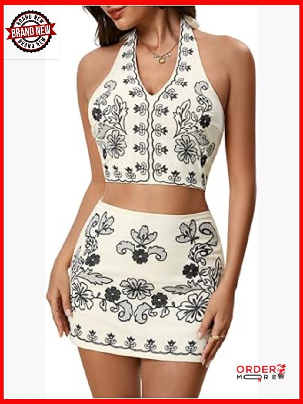 2 Piece Skirt Set Halter Linen Vacation Floral Embroidery Outfit